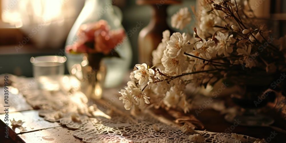 Poster a bunch of flowers sitting on top of a table. perfect for adding a touch of nature to any space