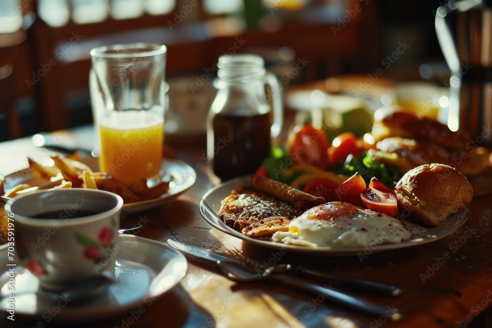 Poster A table displaying plates of delicious food and a cup of steaming coffee. Perfect for showcasing a meal or promoting a restaurant.