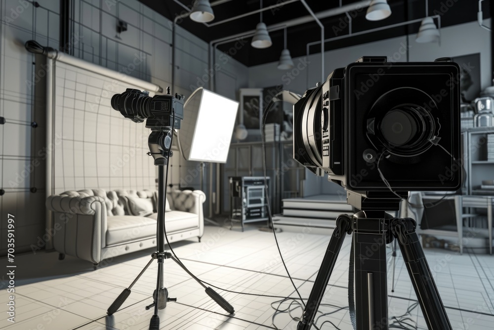 Poster a camera and tripod set up in a room. perfect for photography enthusiasts or professionals. can be u