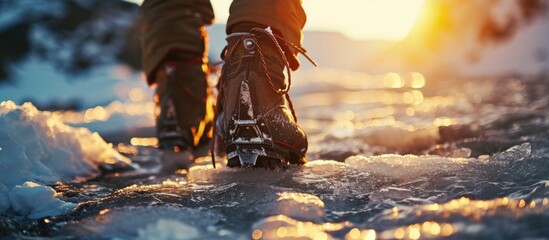 Mountaineer: boot with ice crampon and axes; backlight - obrazy, fototapety, plakaty