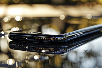A close-up view of a cell phone resting on a table. Suitable for technology and communication-related projects