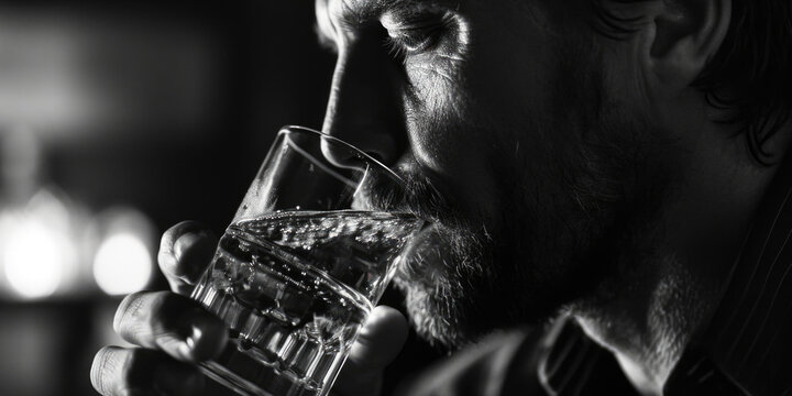 A man is seen drinking a glass of water. This image can be used to promote hydration and healthy lifestyle choices