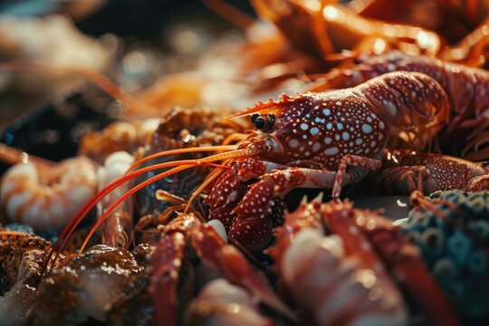 A close-up view of a bunch of lobsters arranged on a table. This image can be used to depict a seafood feast or a restaurant menu