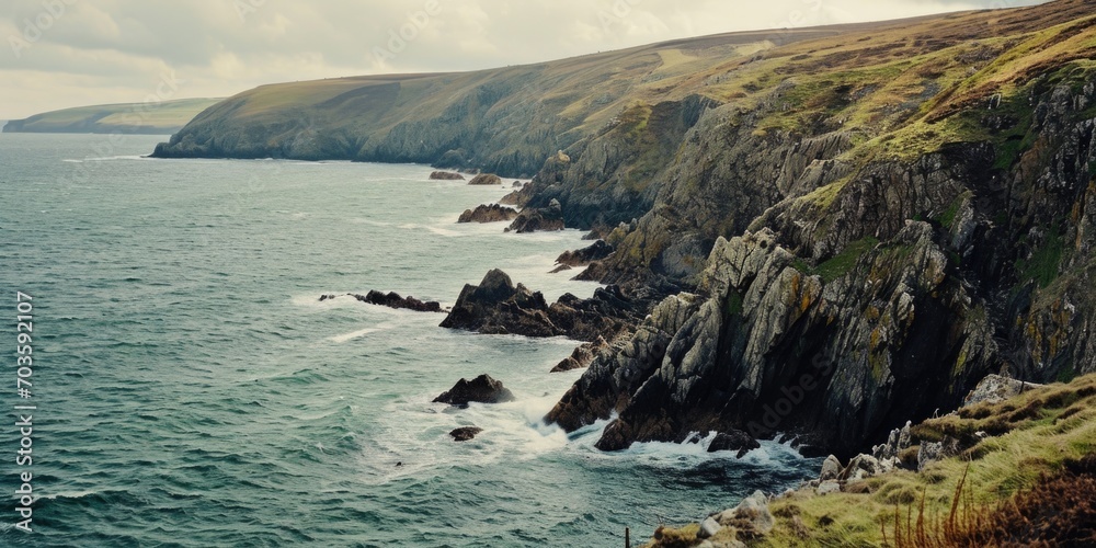 Poster a breathtaking view of the ocean from a cliff. perfect for travel and nature-themed projects