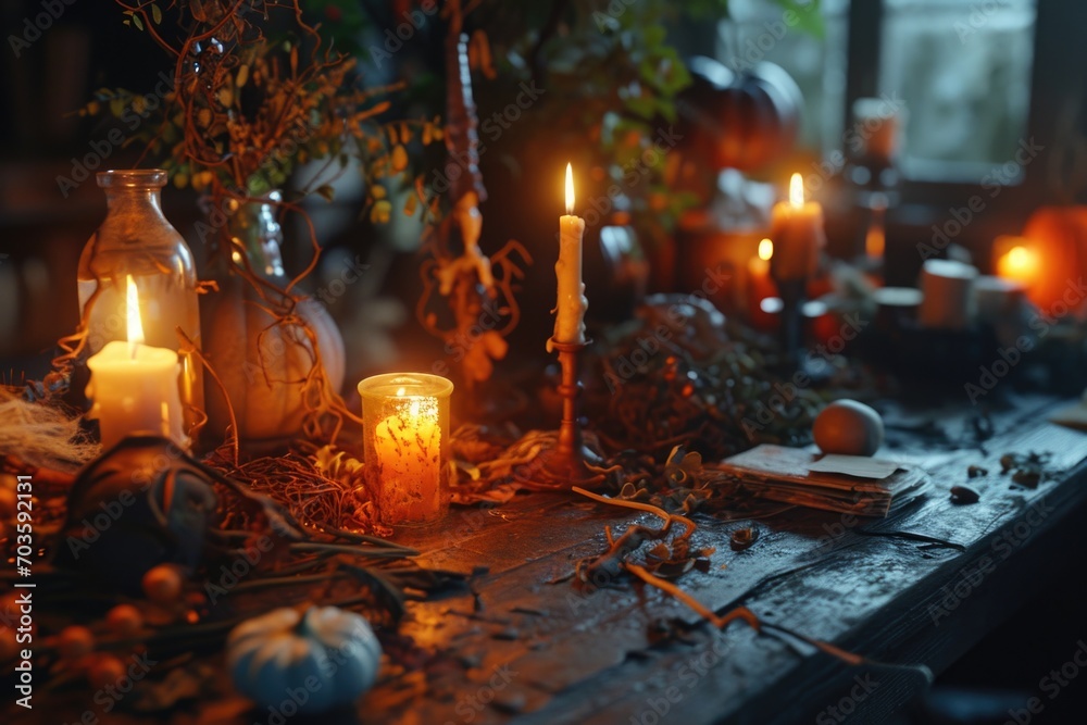 Poster A table adorned with lit candles placed next to a window, creating a warm and cozy ambiance. Perfect for adding a touch of elegance to any space