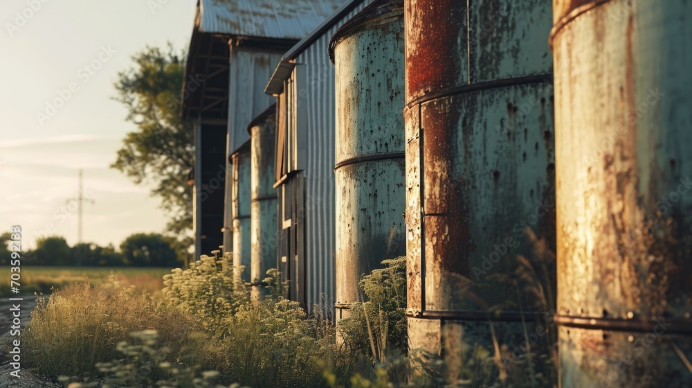 Poster an old rusted building sitting in the middle of a field. perfect for architectural or urban decay th