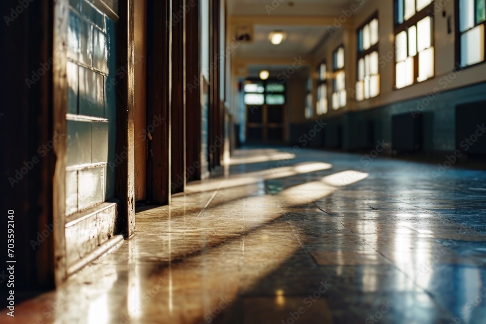 Poster a long hallway with a shining light coming through the windows. suitable for various indoor settings