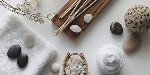 White towels and black and white stones arranged on a table. Suitable for spa and wellness themes