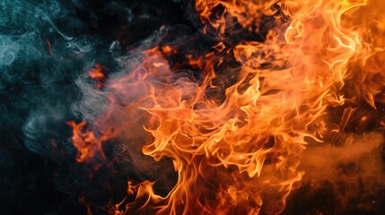 A close up view of a fire with smoke billowing out. This image can be used to depict concepts such as danger, destruction, heat, or energy