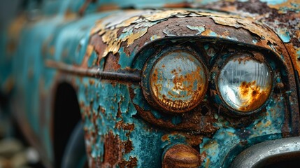 Close-up capture of rusty patches on an old car, showcasing the decay and roughness. - obrazy, fototapety, plakaty