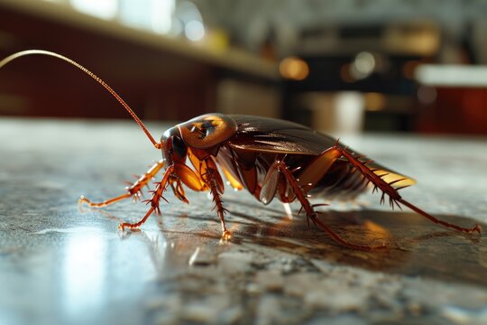 A close-up view of a cockroach on a counter. This image can be used to depict pests, infestations, or hygiene issues in households or commercial spaces