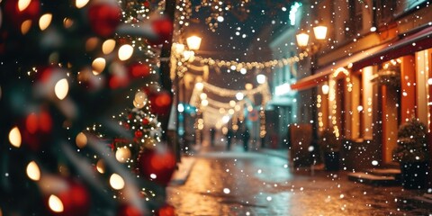 A picturesque snow-covered street adorned with a beautifully lit Christmas tree. Perfect for holiday-themed designs and festive promotions