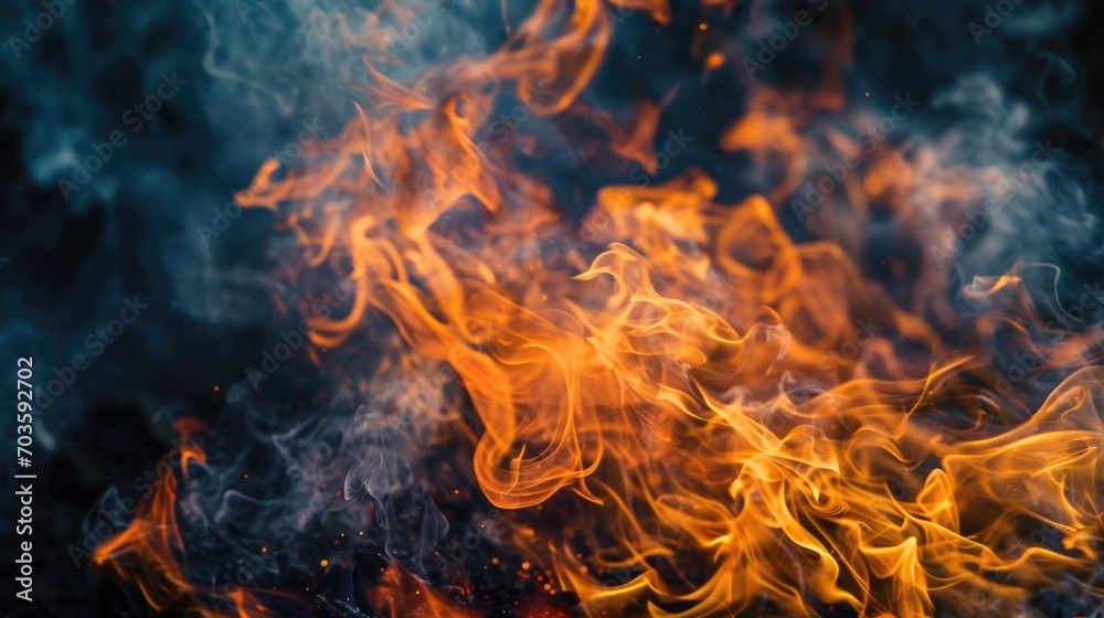 Poster a close-up view of a fire with smoke billowing out. this image captures the intensity and heat of th