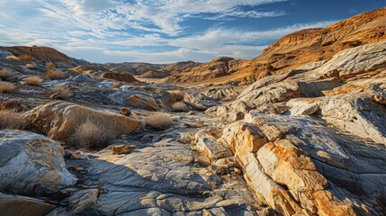 Expansive view of a rugged desert landscape with distinctive rock textures and colors.