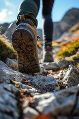 A close-up view of a person walking on rocks. This image can be used to depict adventure, exploration, or outdoor activities