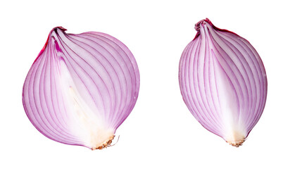 Top view and flat lay of red onion half and slice or quarter isolated on white background with...