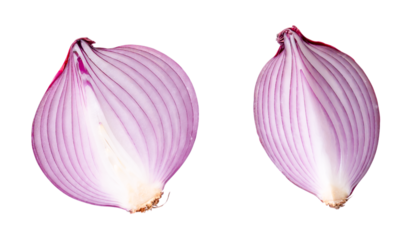 Top view and flat lay of red onion half and slice or quarter isolated with clipping path in png file format