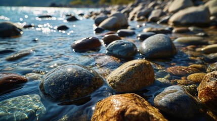 Smooth river pebbles under clear water. - Powered by Adobe