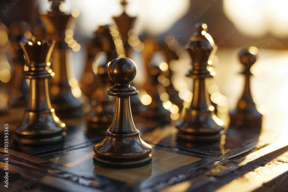 Poster a detailed view of a chess board with various pieces. suitable for illustrating strategy, competitio