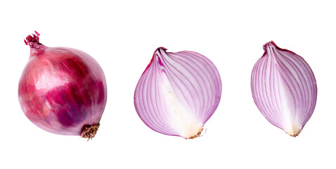 Top view of red or purple onion bulb with half and slice in set isolated on white background with...