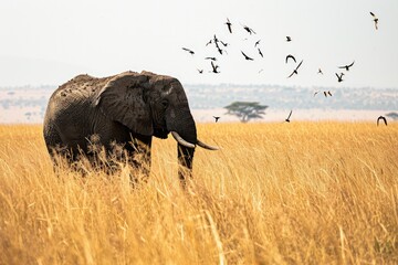 A majestic elephant stands tall in a dry field, surrounded by soaring birds as it roams freely in...