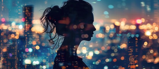 Silhouette of woman superimposed on city skyline. - obrazy, fototapety, plakaty