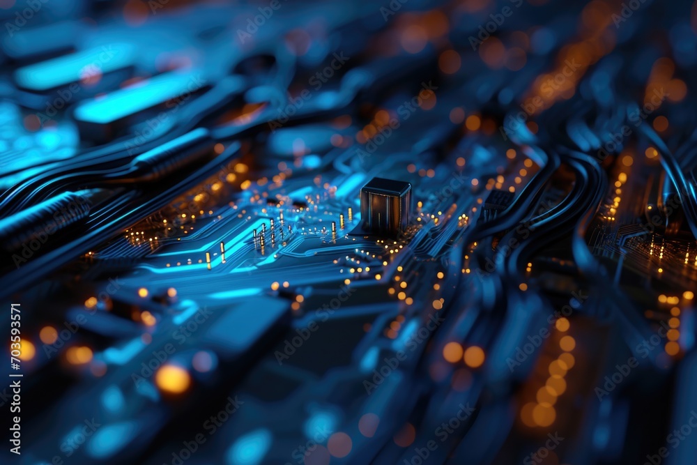 Poster A detailed close-up of a computer motherboard. This image can be used to depict technology, electronics, or computer hardware