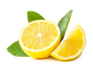 Front view of fresh yellow lemon fruit in half and slice and leaf isolated on white background with...
