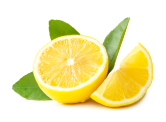 Front view of fresh yellow lemon fruit in half and slice and leaf isolated with clipping path and shadow in png file format