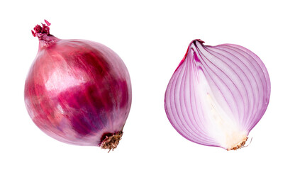 Top view of fresh red or purple onion bulb and half in set isolated on white background with clipping path and shadow in png file format