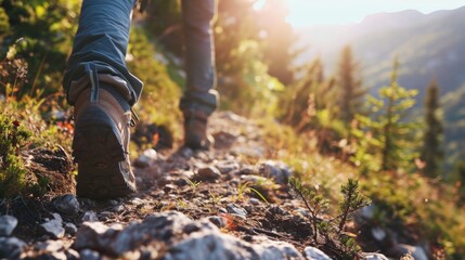 A close-up image of a person walking on a trail. Suitable for outdoor activities and nature-themed designs - obrazy, fototapety, plakaty