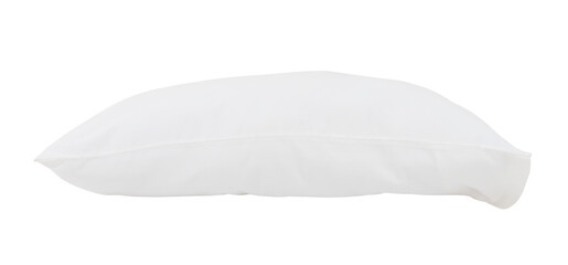 White pillow with case after guest's use at hotel or resort room isolated on white background with...