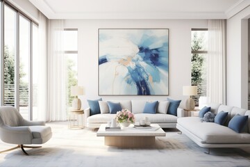 A cozy living room adorned with a stunning painting, featuring comfortable furniture, elegant window treatments, and stylish decor