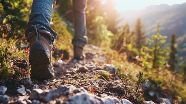 A close-up image of a person walking on a trail. Suitable for outdoor activities and nature-themed designs