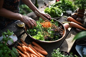 A woman at a local market cuts fresh produce, including leafy greens, root vegetables, and herbs, to create a colorful and nutritious vegan salad
