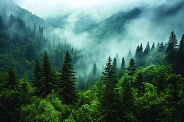 A mystical fog blankets the sprucefir forest, engulfing the conifer trees and creating an otherworldly landscape that is both wild and serene