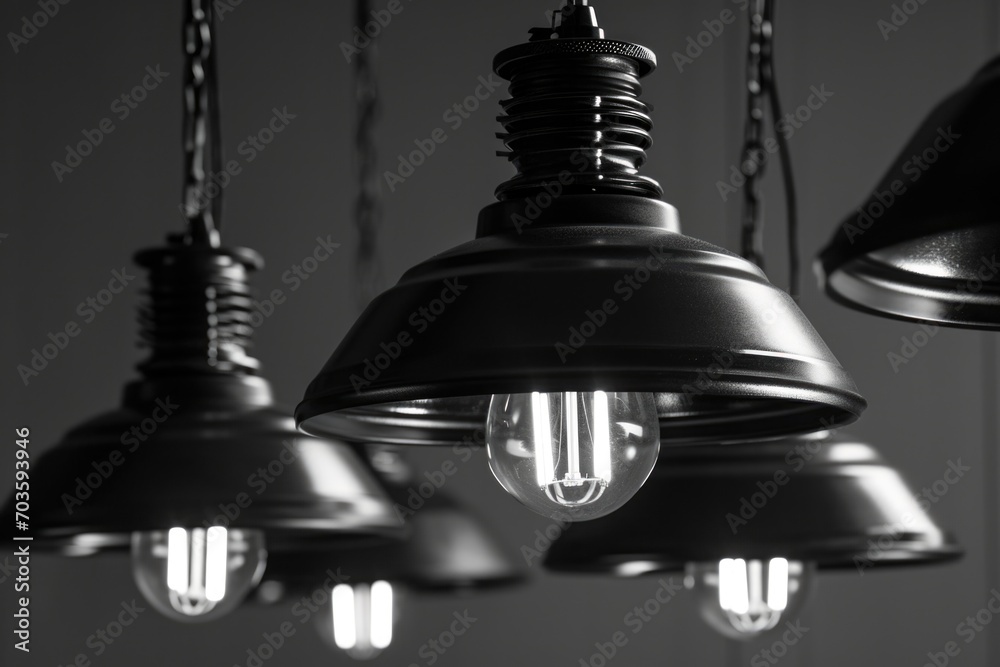 Poster a picture of several lights hanging from a ceiling. this versatile image can be used to depict vario