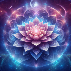 Radiant Zen lotus flower - a spiritual symbol of purity, strength, resilience, and rebirth, Water Lily, enlightenment or meditation and universe, magic scene, abstract illustration