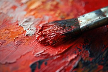 Fototapeta premium Close-up view of a paintbrush on a vibrant red painting. Suitable for artistic and creative concepts