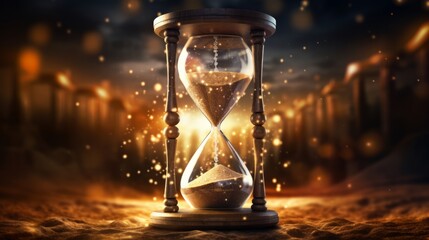 Sand running through the bulbs of an hourglass measuring the passing time in a countdown to a deadline, on a dark background. Neural network AI generated art - obrazy, fototapety, plakaty