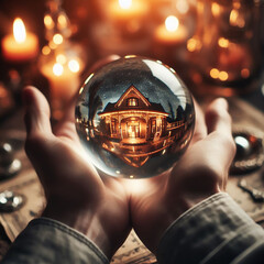 Crystal ball of predictions in the hands of a fortune teller. Witch with a crystal ball to divine the future. Magic crystal ball. Fortune telling, divination, prophecy, psychic medium
 - obrazy, fototapety, plakaty