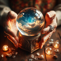 Crystal ball of predictions in the hands of a fortune teller. Witch with a crystal ball to divine the future. Magic crystal ball. Fortune telling, divination, prophecy, psychic medium

