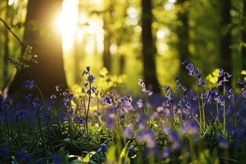 A picturesque scene of a bluebell field with sunlight streaming through the trees. Perfect for nature lovers and outdoor enthusiasts