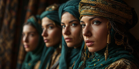 Beautiful young ottoman girls with traditional clothing and jewelry. - obrazy, fototapety, plakaty