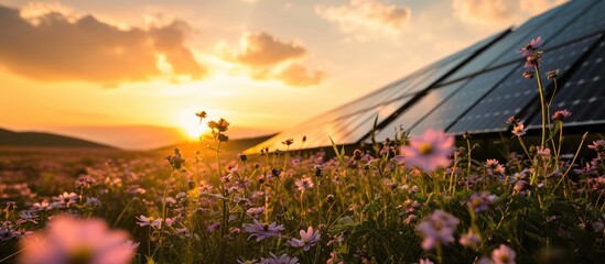 Solar panels in a field of flowers at sunset in summer.