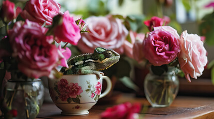 Chameleon in a teacup with flowers 