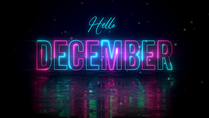 Festive Blue Red Glowing Neon Hello December Lettering With Floor Reflection Amid The Falling Snowflakes On Dark Background