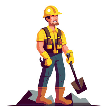 construction worker wearing hard hat helmet holding shovel cartoon illustration