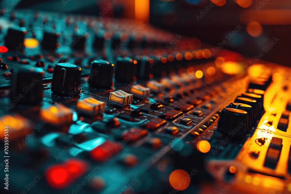 Poster A close up of a sound board in a recording studio. This image can be used to illustrate music production, audio engineering, or the recording process