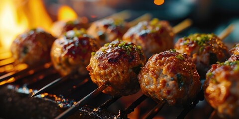 Close up shot of meatballs cooking on a grill. Perfect for food enthusiasts and barbecue lovers. - obrazy, fototapety, plakaty